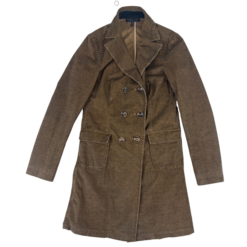 Peruvian Connection Coat Womens 6 Brown Corduroy Double Breasted Long Jacket